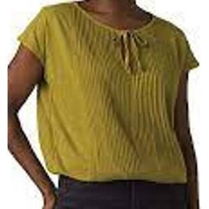 PrAna Ocupas Popover Top Short Sleeve Tie Front Olive Green Shirt Size Medium